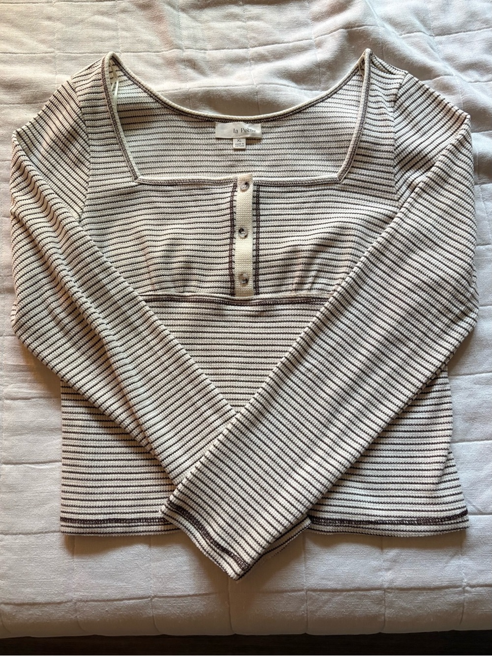 Ivory & Brown Striped Long-Sleeve Square Neck Top